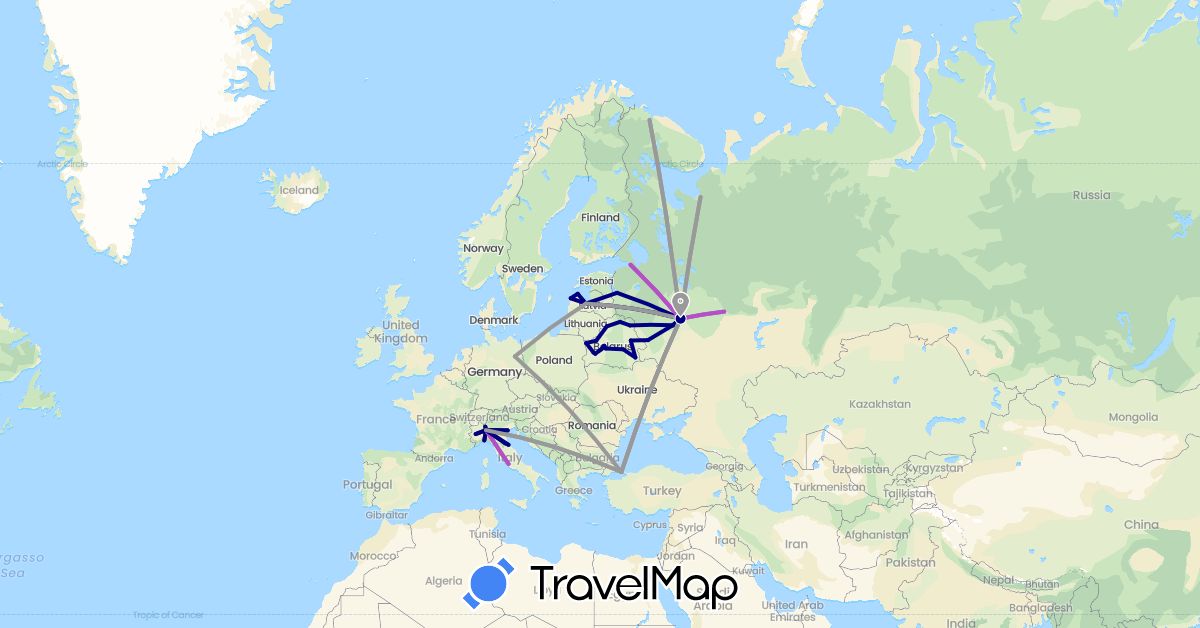 TravelMap itinerary: driving, plane, train in Belarus, Germany, Italy, Latvia, Russia, San Marino, Turkey (Asia, Europe)